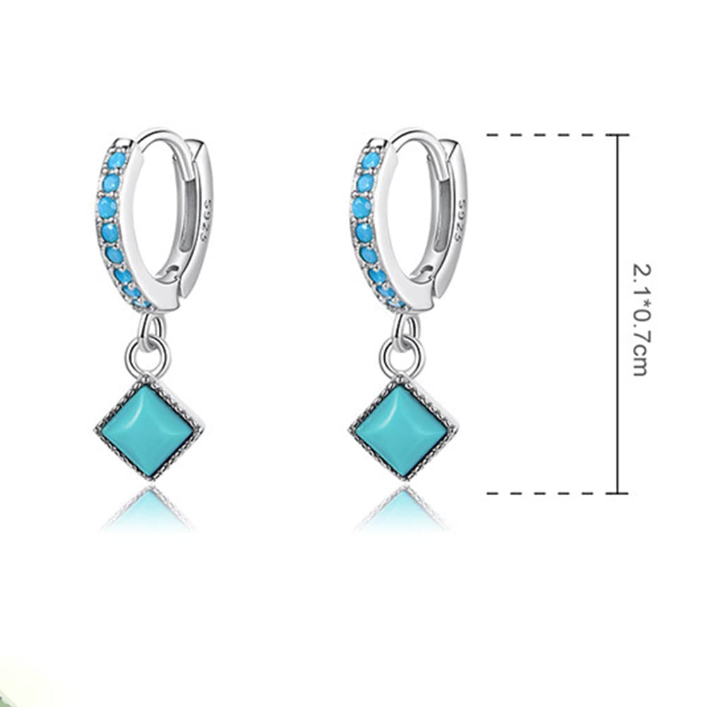 Rockyu Earrings for 925 Turquoise Square Hoop For For Both Pure Accessories Women, Small, Beautiful, Silver, Square, Geometric, Earrings, Diamond,
