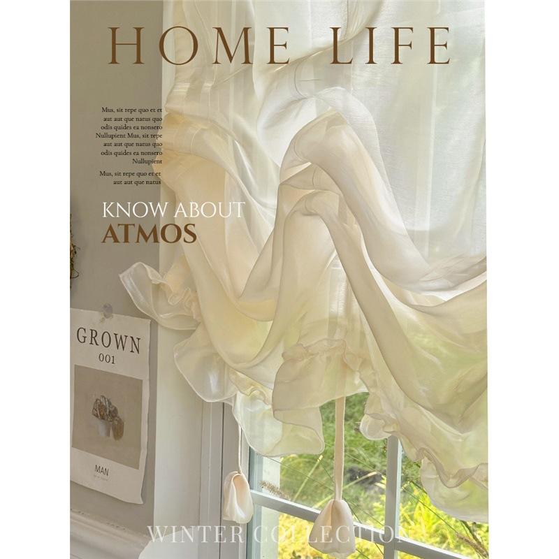 French Lace Balloon Curtain Champagne Sheer Ruffle Roman Shade Rod Pocket Half Curtain Kitchen Small Window Cafe Valance Elegant Decor