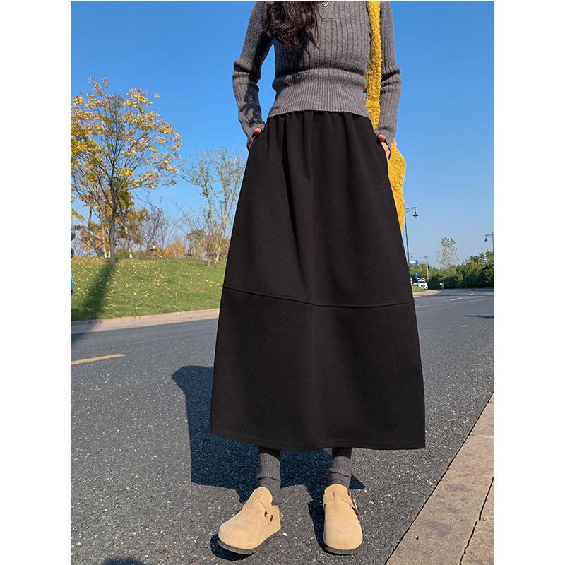 Women's 2026 Black Wool Plaid High-Waist A-line Skirt - Autumn/Winter Slimming Mid-Length