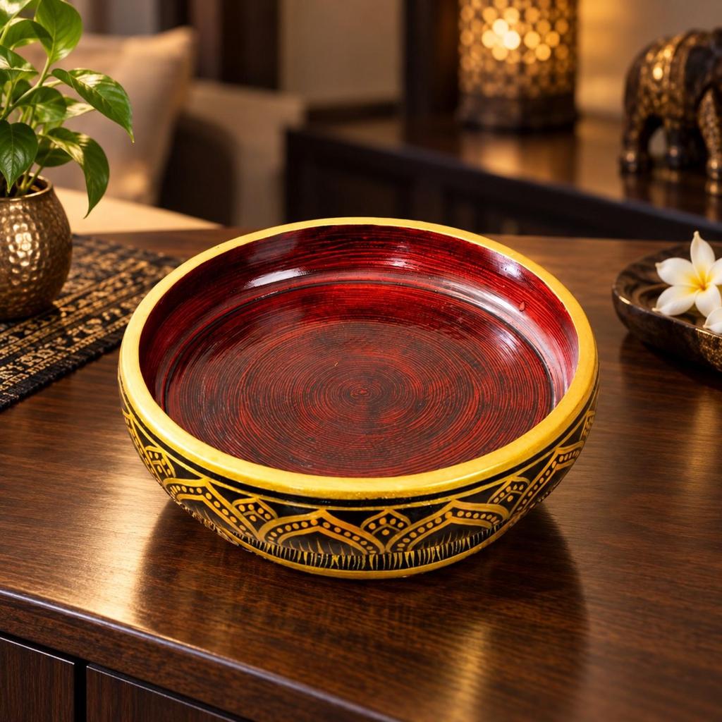 Round Solid-Wood Serving Bowl Deep Footed Wooden Handcrafted for