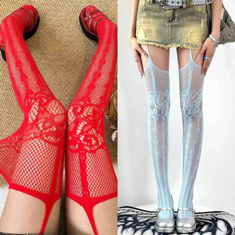 1/2 Pairs Y2K Style Fishnet Suspender Stockings Women Hollow Out Mesh Jacquard Garter Belt Tights Love Heart Pattern Jk