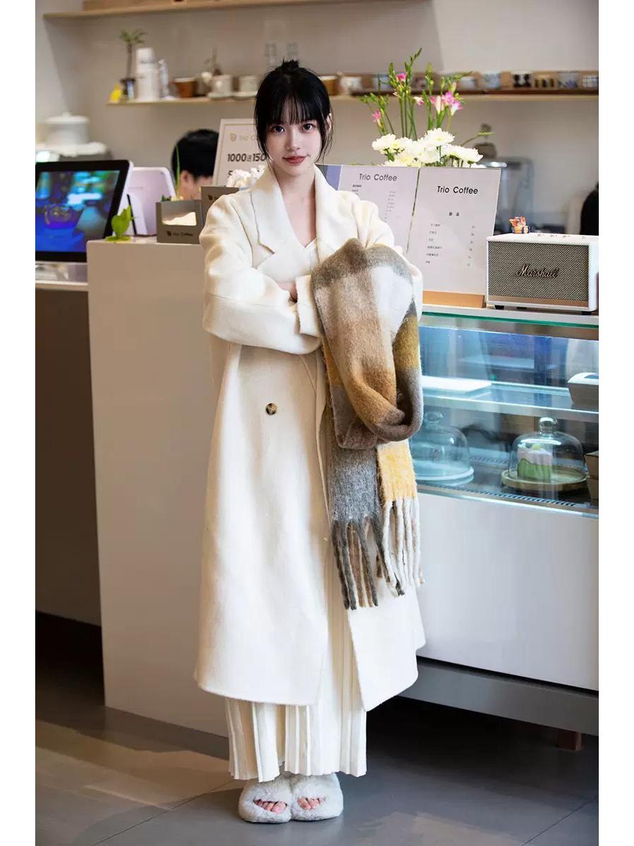 

Женское кашемировое пальто двустороннее в корейском стиле Осень/Зима 2025 - Повседневная свободная верхняя одежда формы кокона Small грязно-белый