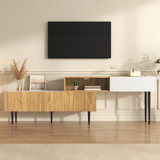 Modern TV Cabinet with Adjustable Length, Modular 2-Piece Design, Wood Look, Matt White, Black Metal Legs, Multifunctional Living Room