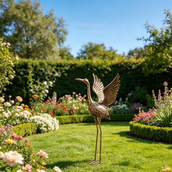 Statua Metallica Design Airone, Decorazione Artistica in Metallo Fatta a Mano per Giardino, Scultura da Giardino Resistente alle Intemperie per Patio Esterno Prato Laghetto Regalo