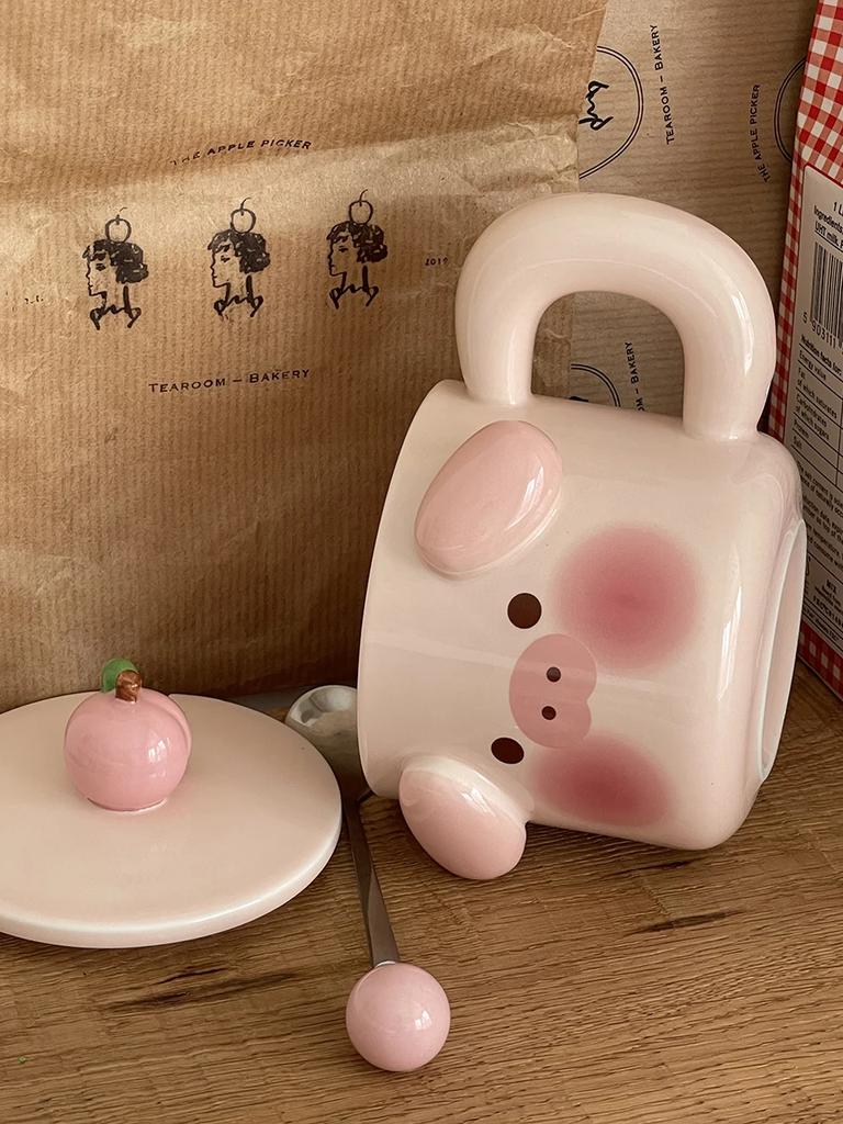 Mark Cup Cute Cartoon with Cover Spoon Couple Ceramic Men and Women Creativity Gift Birthday Hand Gift Boxed Water Cup 400ml 1Pc