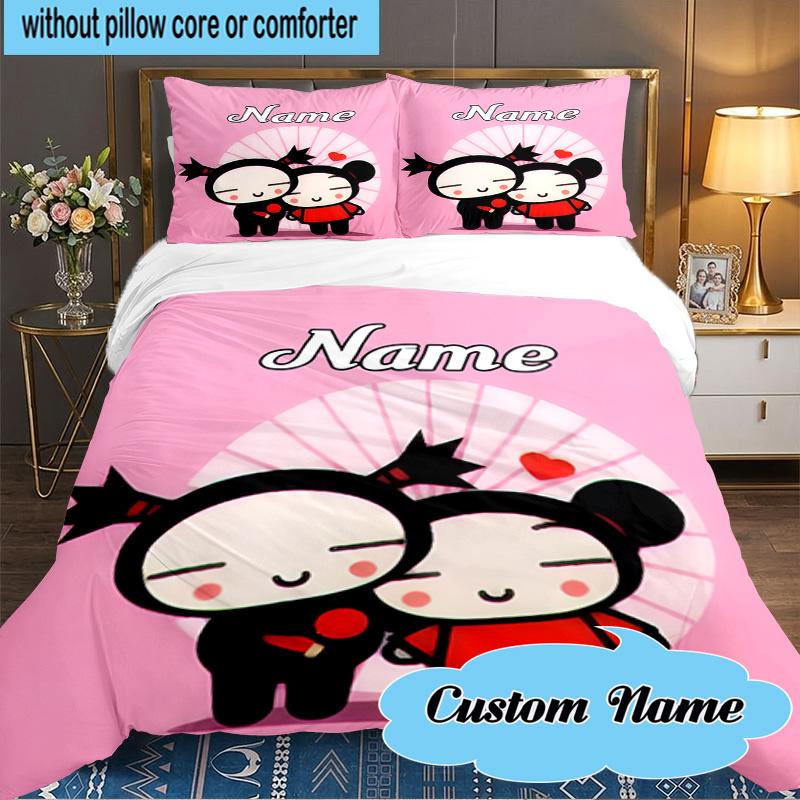 Custom Name 3PCS Heartfelt Pucca Love Bedding Set Including 1pc Duvet Cover And 2pcs Pillowcases for Bedroom, Dormitory Gift Home Decor