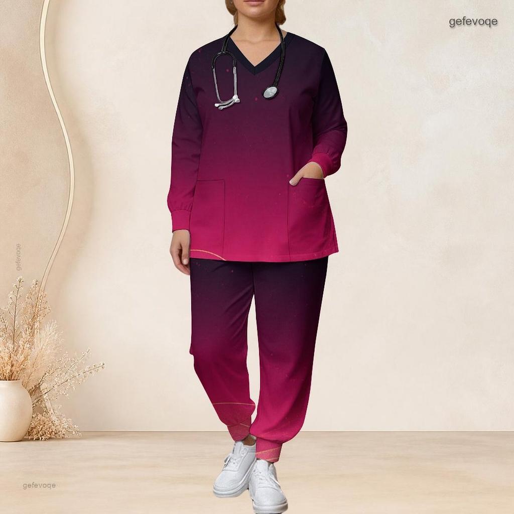 Women Plus Size Black Gold Printed V Neck Long Sleeve Nurse Scrub Two Piece Set With Pockets