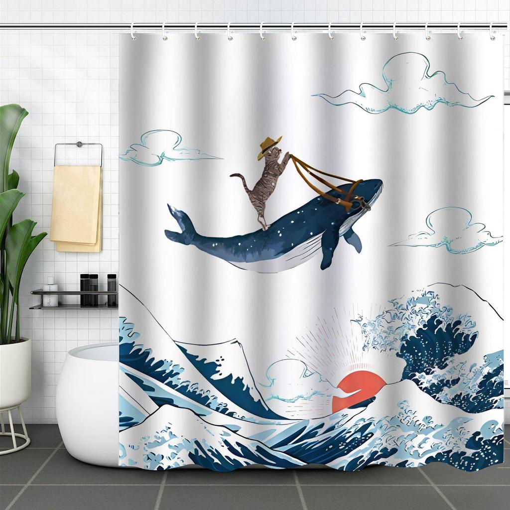 Waterproof Curtain With Mildewproof Shower Sea Wave Dinosaur Whale And Cat Print