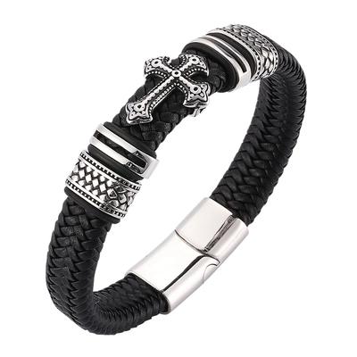 Pulseiras de Cruz Cristã Religiosa da Moda com Berloques Masculino Clássico Punk Pulseira de Couro Masculina Trançada Joias