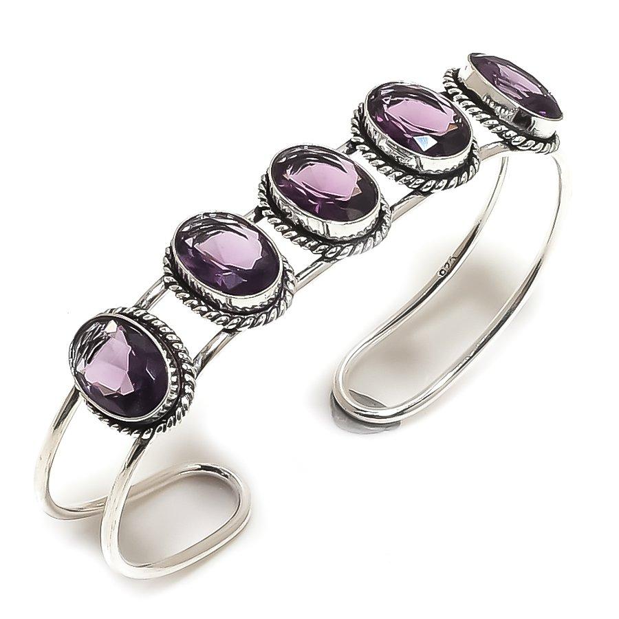 Natural Amethyst Gemstone 925 Sterling Silver Cuff Bangle Adjustable B9t83