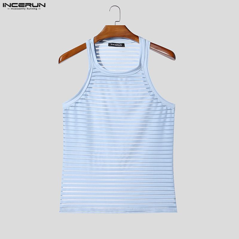 INCERUN Herren Rundhals Ärmellose Netz Durchsichtig Gestreifte Tanktops