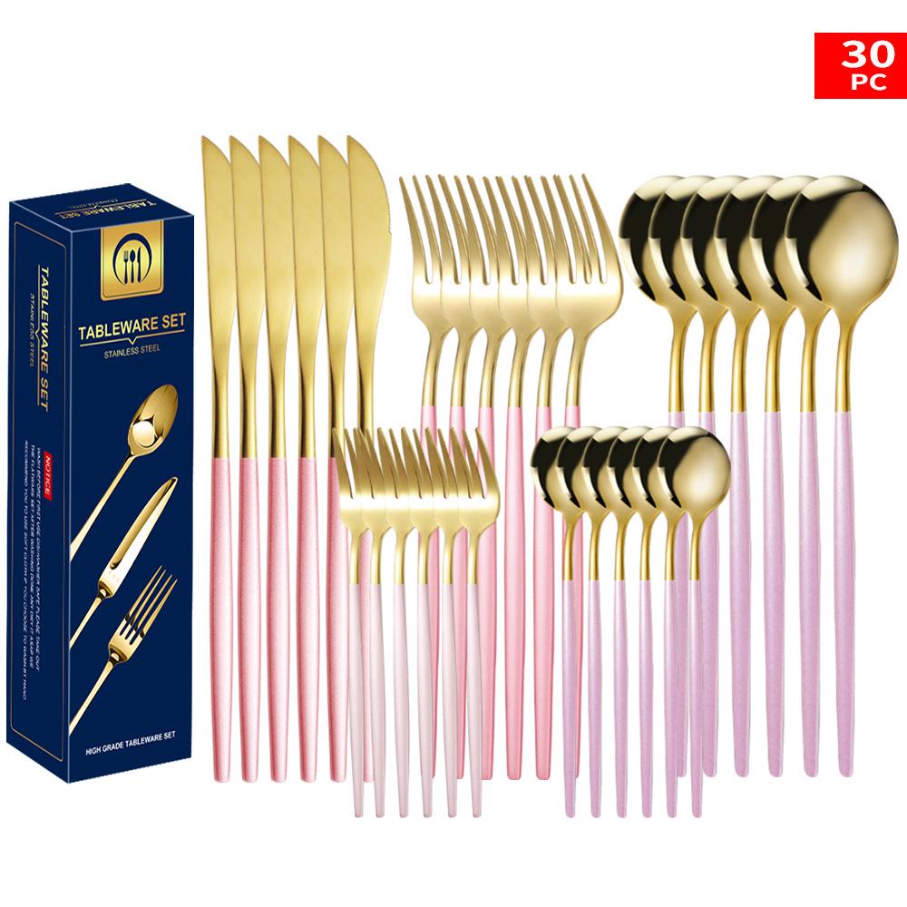 Set tacâmuri din oțel inoxidabil Portugal Gold, 24 de piese: Cuțit de Steak, Furculiță, Lingură de Hotel în Cutie Cadou