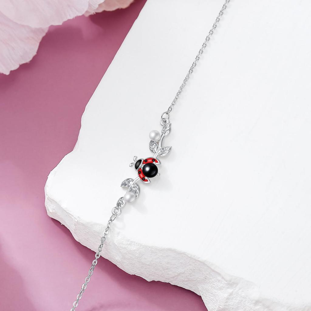 Ladybug Bracelet, Made of 925 Sterling Silver, Hypoallergenic, Ladybug Leaf Bracelet, Ladybug Accessory, Women's