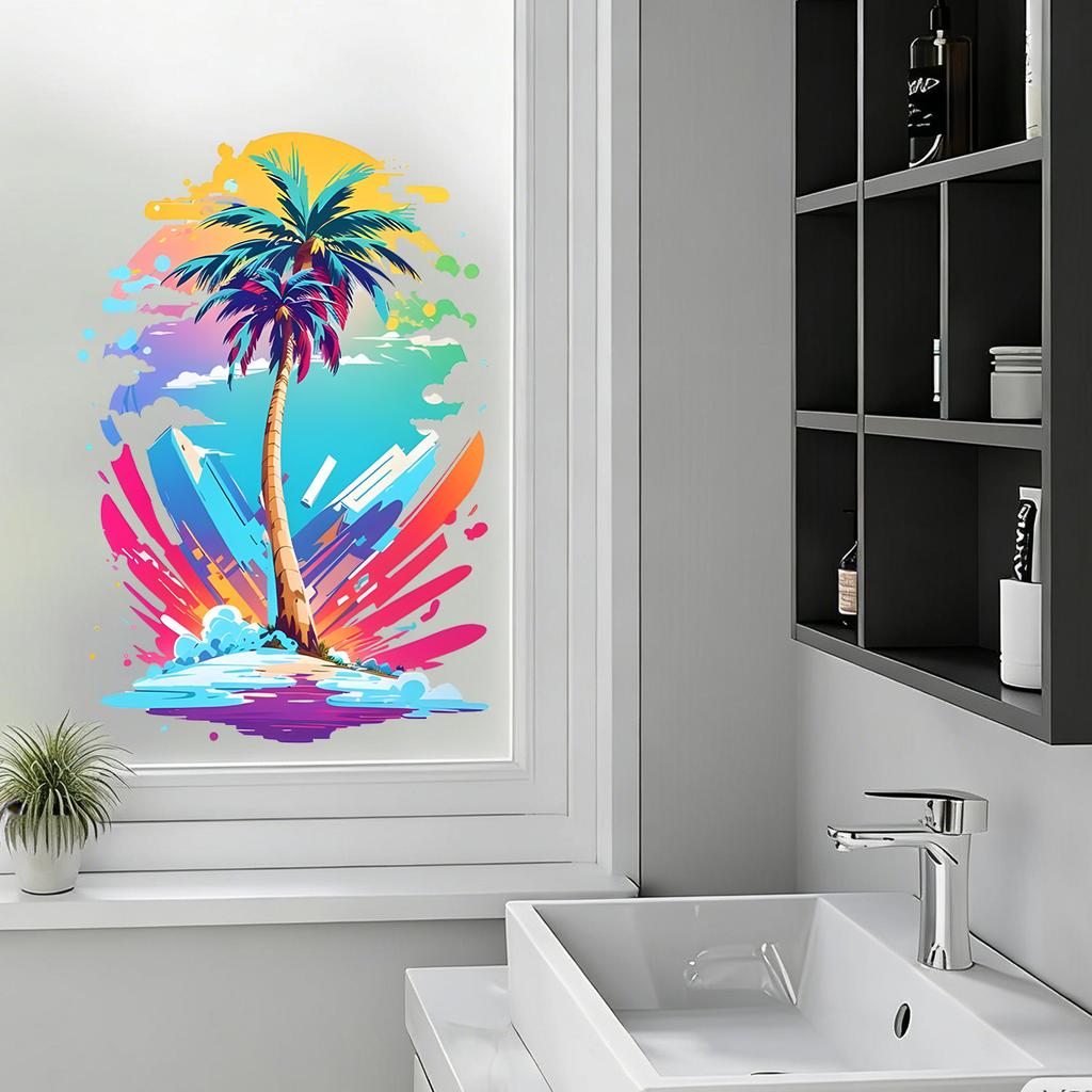 Static Cling Window Stickers Creative Doodle Coconut Tree for Kids Room Bedroom Kitchen Bathroom Glass Decor