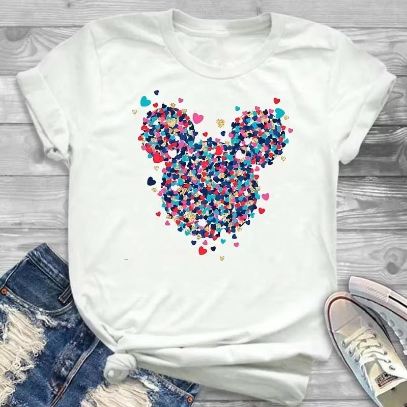 

2026 New Colorful Cute Mickey Mouse Head Classic Pattern Breathable Crew Neck Top Daily Wear Short Sleeve S