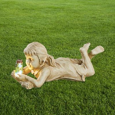Zahradní socha Solar Lighted Kid Design Resin Vintage Boy Girl Socha na terasu