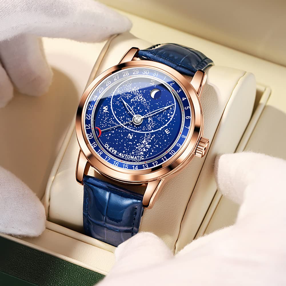 OLEVS Watch Cool Starry Sky Automatic Watch Mechanical Luxury Leather Belt Skeleton Leather Belt Waterproof Blue watch for men Gold Men's Men's (Rose