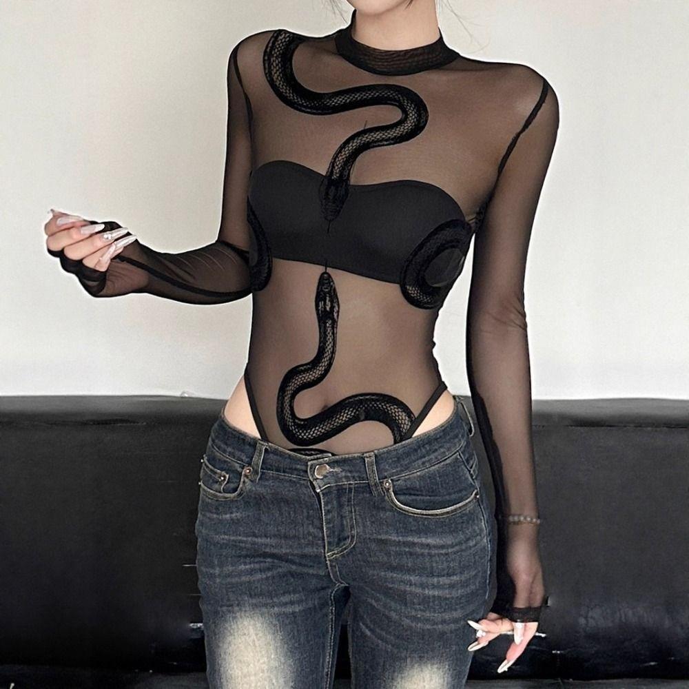 Snake Long Sleeve Lace Jumpsuit Seamless Underwear for Women Patchwork Mesh Thin Shapewear  Gifts