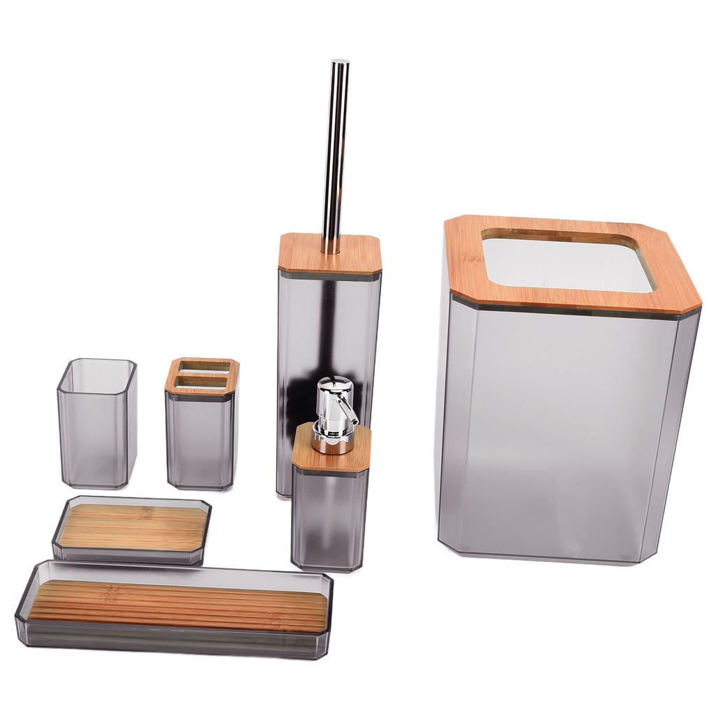 Bamboo Bathroom Accessories Set 7Pcs Soap Box Toothbrush Holder Kit for Home HotelGrey