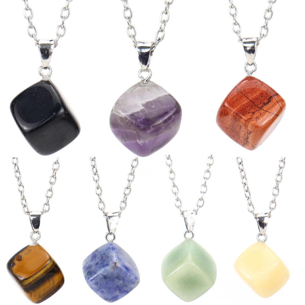 Square Natural Crystal Rough Stone Amethyst Agate Square Pendant Necklace N665