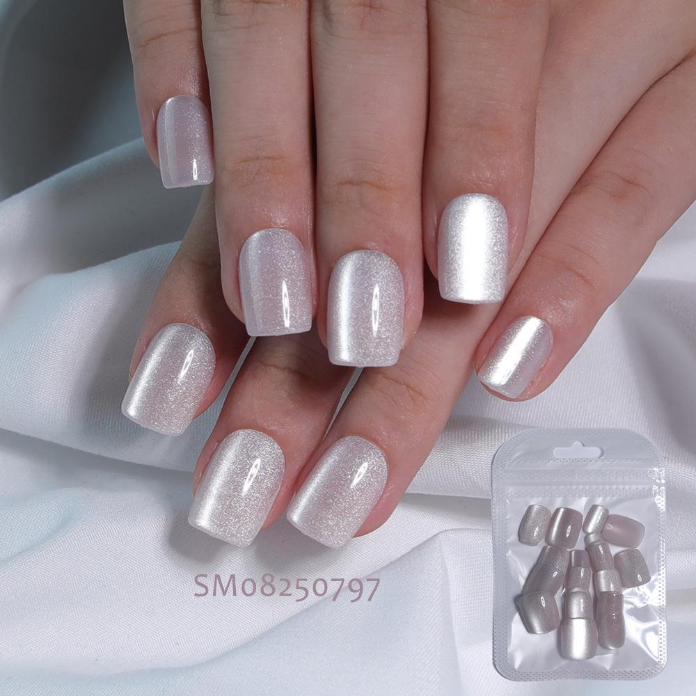 30-Piece Cat Eye Magnetic False Nails - Short Square Design with Removable Stickers