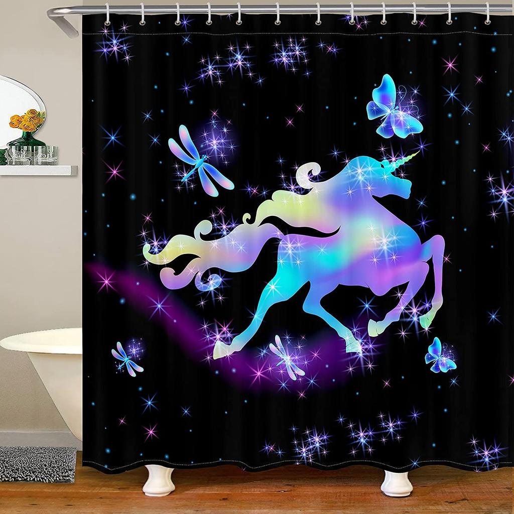 Gradient Purple Shower Curtain, Rainbow Unicorn Bath  Glitter Stars, Waterproof Curtains, Dreaming Cartoon Bathroom Deco