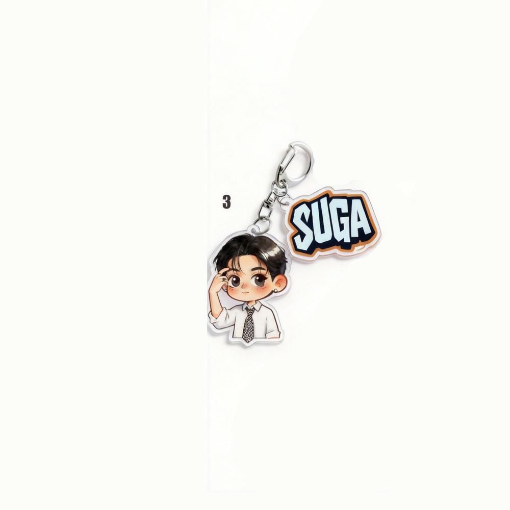 7 Stück BTS Niedliches Cartoon Anzug Doppel-Anhänger Schlüsselanhänger, Bangtan Boys Cartoon Figur mit Namensschild Schlüsselanhänger, Kpop ARMY Fans Tasche Anhänger