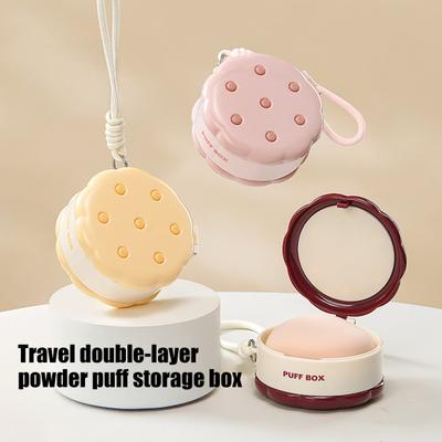 Round Powder Puff Box Double-Tier Wet And Dry Separation Makeup Puff Case Portable Makeup Sponge Organizer with Lanyard for Women Girls Travel Storage