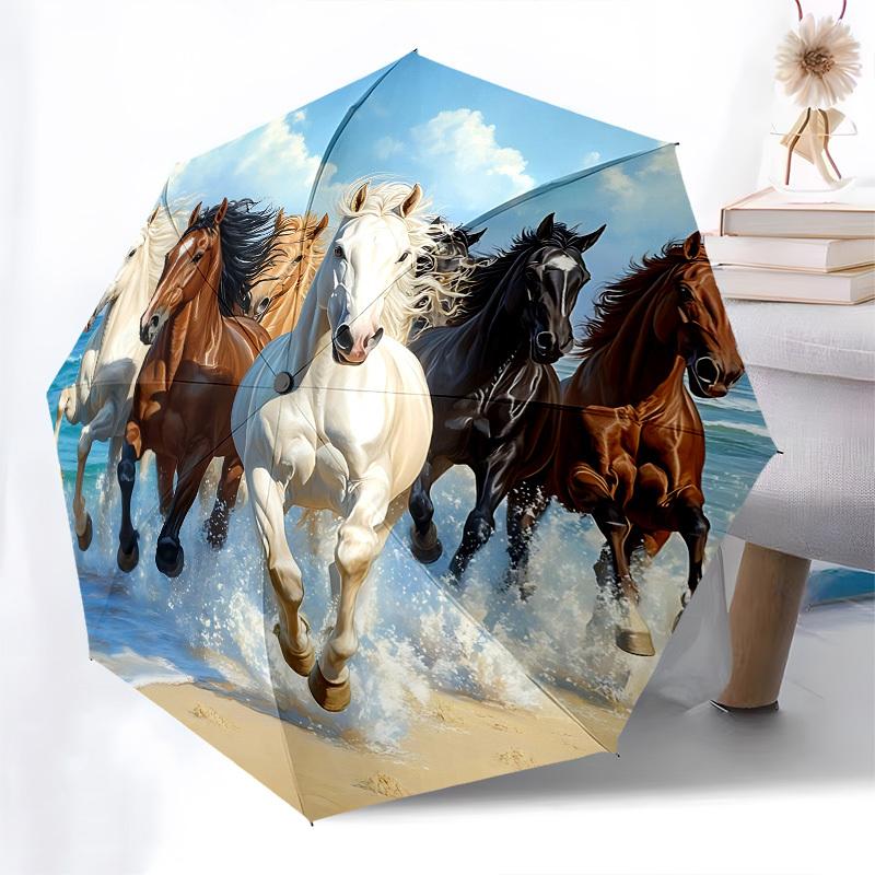 Horses,Beach Automatic Folding Umbrella Compact 8 rib Design,Unique Style,Suitable for Everyday Outdoor Use,Perfect Gift for Friends a