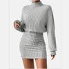 Women's Autumn Winter Pit Strip High Collar Lantern Sleeve Pleated Hip Wrap Dress