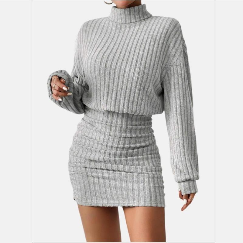 Women's Autumn Winter Pit Strip High Collar Lantern Sleeve Pleated Hip Wrap Dress