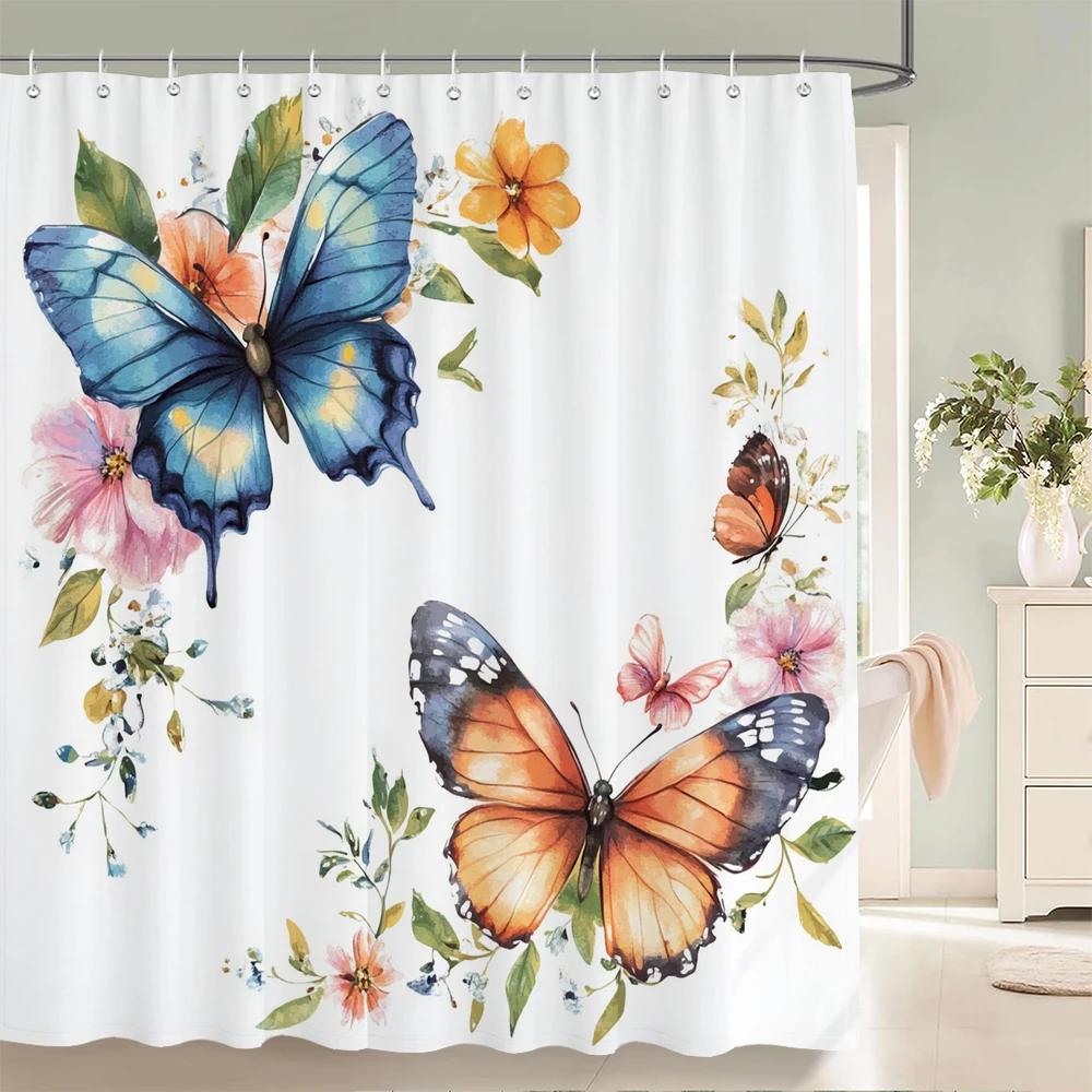 Beautiful Flowers Butterfly Shower Curtain Blue Floral Printed Bathroom Bath Curtain Home Decoration Curtain With Hooks