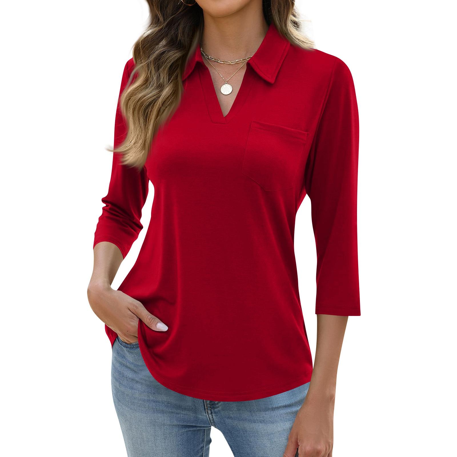 

Women s Fashion Casual Lapel Short 3/4 Sleeve Color Shirt Women s Up Tops XXL