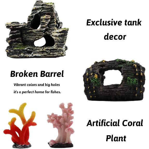 Fish Tank Decorations Plants with Resin Broken Barrel and Cave Rock View, 15pcs Aquarium Decorations Plants Plastic,Fish Tank Accessories, Fish Cave