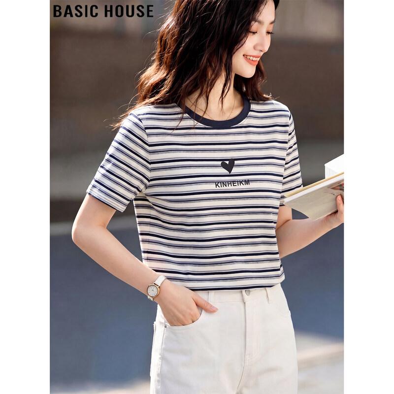 Basic House Women s Colorblock Striped Print Short Sleeve T-Shirt S темно-синий