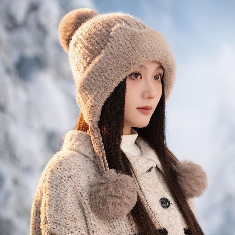 New Fleece Warm Knitted Hat Autumn and Winter Thickened Pullover Ear Protector Wool Fleece Hat Women's Hairball Hat