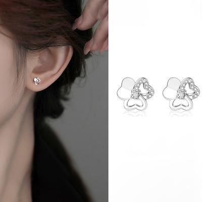 S999 Pure Silver Clover Diamond Stud Earrings Women's Trendy Earrings Light Luxury Minority High-Grade Temperament Earrings
