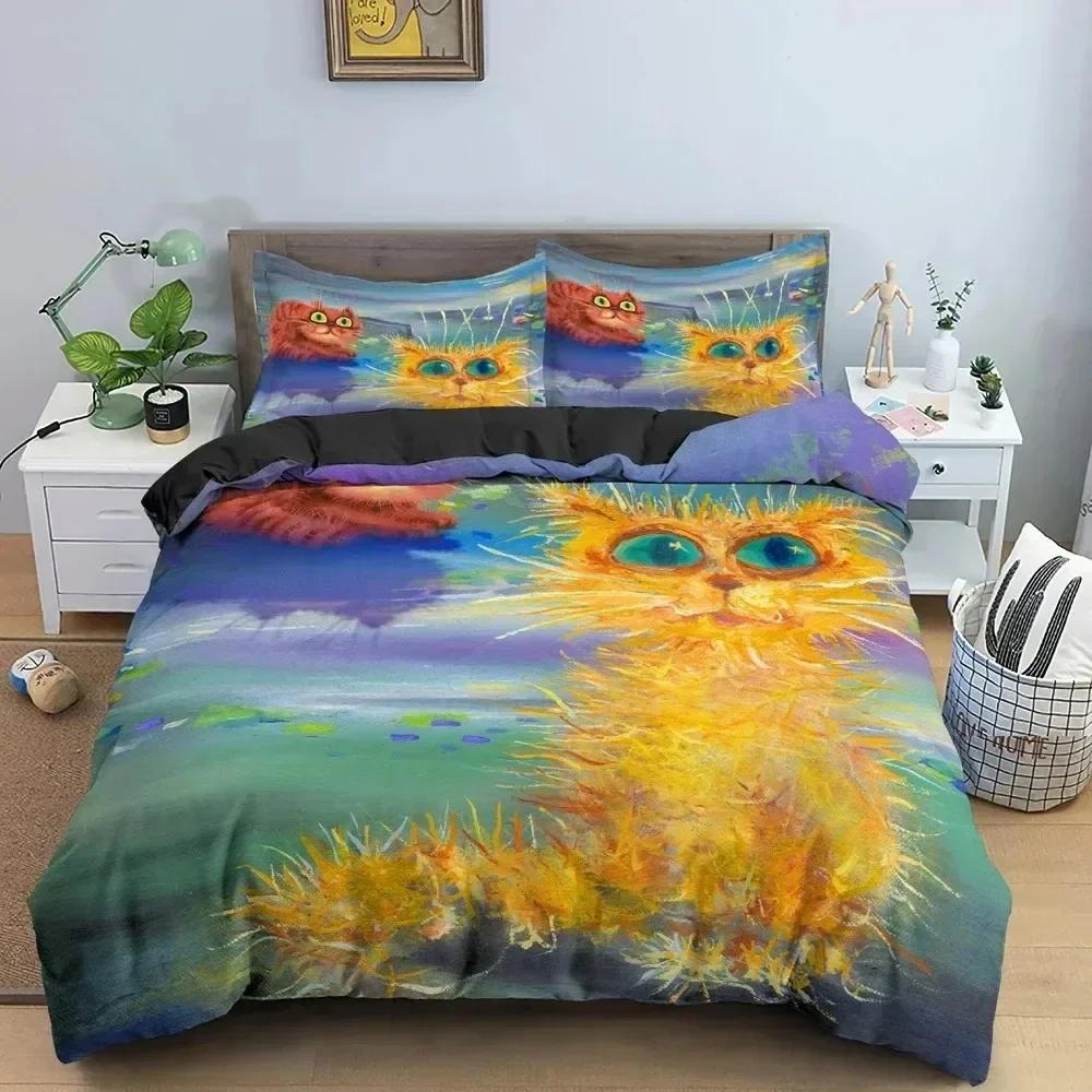 Luxury New 3D Print Watercolor Cartoon Cat Bedding Set Boys Girls Twin Queen Size Duvet Cover Bed Kids Adult Home Textileextile