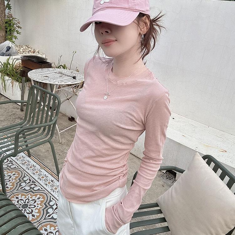 Women's Crew Neck Long Sleeve T-Shirt Slim Fit Sheer Thin Layering Basic Top Solid Color Commuter Blouse 2024 Autumn