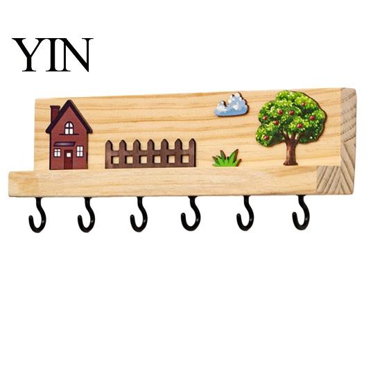 Wall Storage for Keys Mounted Wooden Key Holder, 5 Hooks Shelf, Dual Adhesive Entryway Hook Installation Options Organizer Kitchen And Living