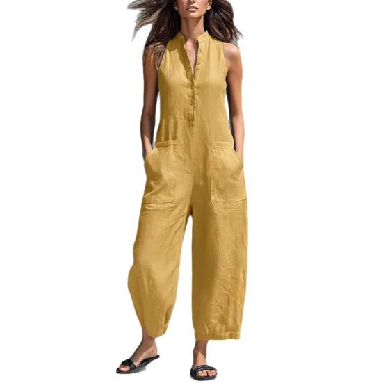 Women's Summer Sleeveless Jumpsuit Button Up Stand Collar Loose One Piece Overalls Casual Wide Leg Long Pants Rompers with Pockets