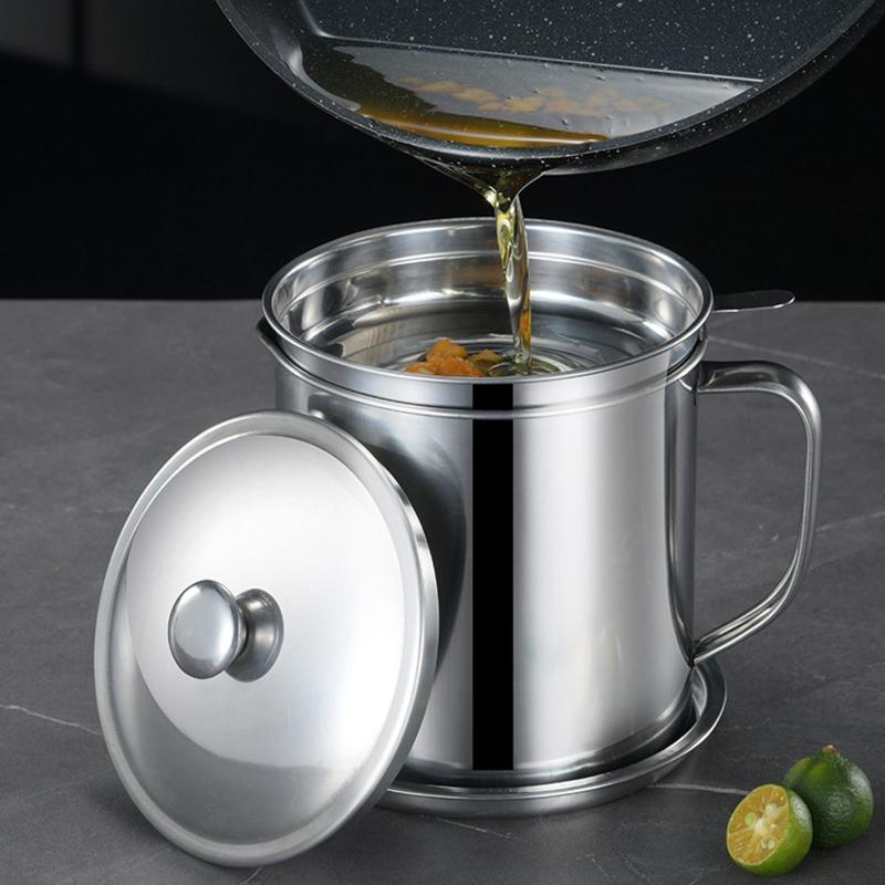 1.3L Oil Can Kitchen Oil Filter Cup Household Filter Mesh Oil for Tank Pot Leak Oil Leaking Storage Stainless Steel Mate