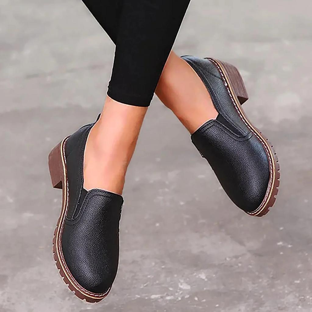 Single shoe flat bottom shallow mouth casual mid heel thick heel Korean version small leather shoes work shoes trend
