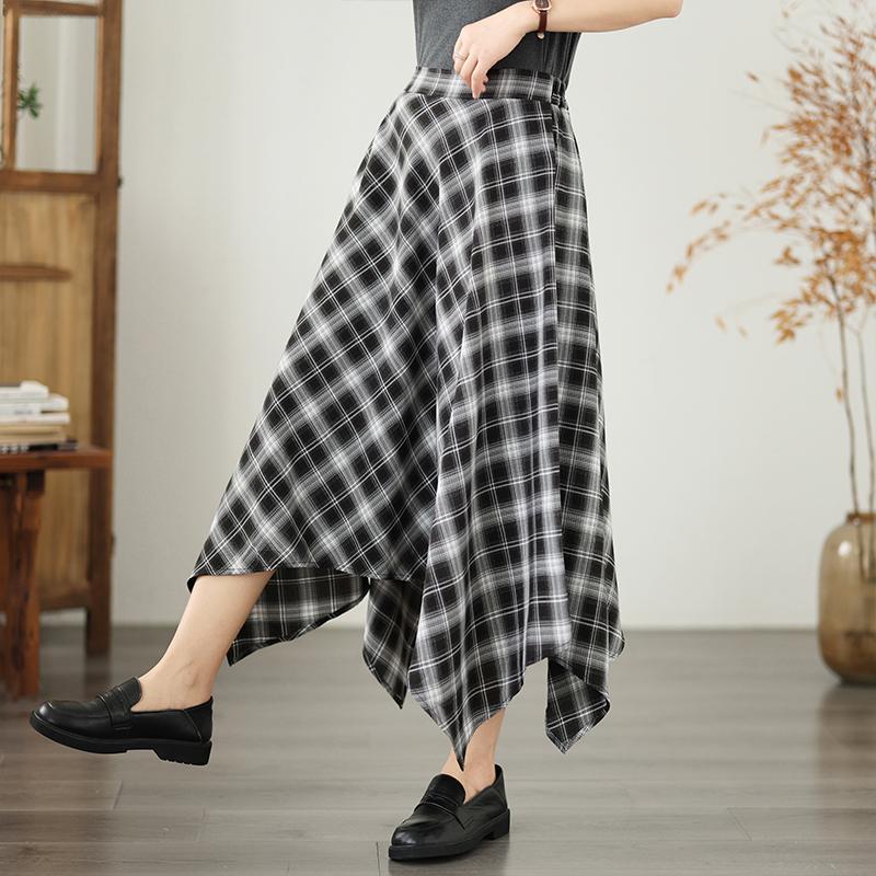 Plus Size High Waist Cotton Vintage Plaid Casual Summer Loose Long for Woman Skirts Womens Skirt