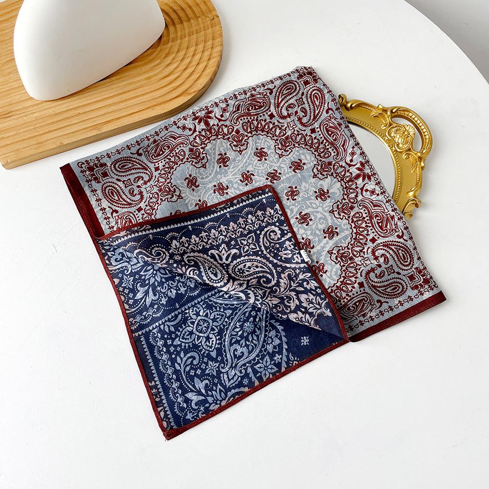 Retro Flower Silk Scarf Autumn and Winter Temperament Elegant Scarf Herringbone Silk Scarf Double-sided Literary Square Scarf Cotton and Linen Square