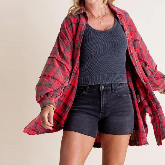 Chemise Femme Revers Manches Longues Poches à Rabat Hauts de Chemise Boutonnage Simple Bord Frangé Effet Vieilli Coupe Oversize Veste Chemise