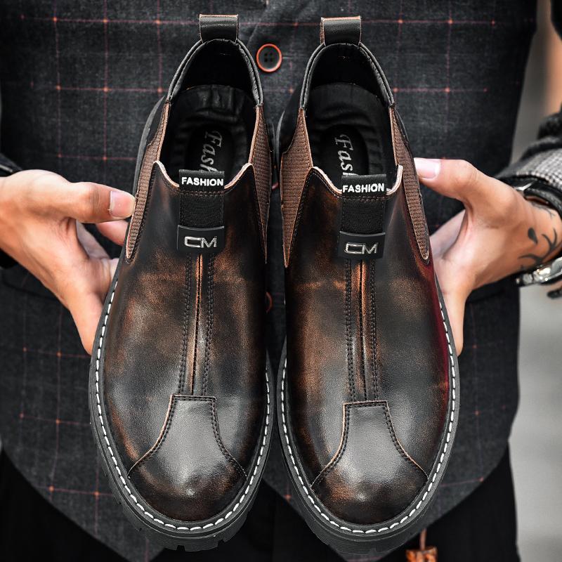 Fashion Leather Ankle Boots Man Casual Loafers Luxury Design Slip On Male Dress Boots Leisure Style Big Size Outdoor Wear-resistant Sole