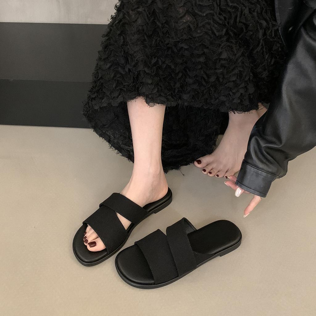 Niche Design Sense Linen Square Head Open-toed Flat-bottomed Slippers Female Summer Wear Fairy Wind Seaside Vacation Beach Sandals