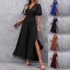Women V Neck Flutter Sleeve Maxi Dress Elastic Waist Side Slit Long Casual Party Dress