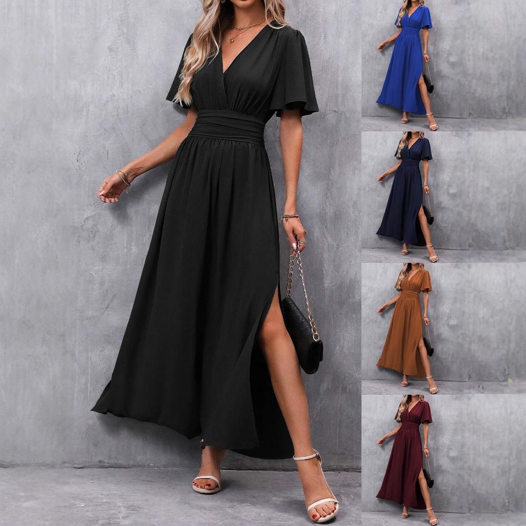 Women V Neck Flutter Sleeve Maxi Dress Elastic Waist Side Slit Long Casual Party Dress